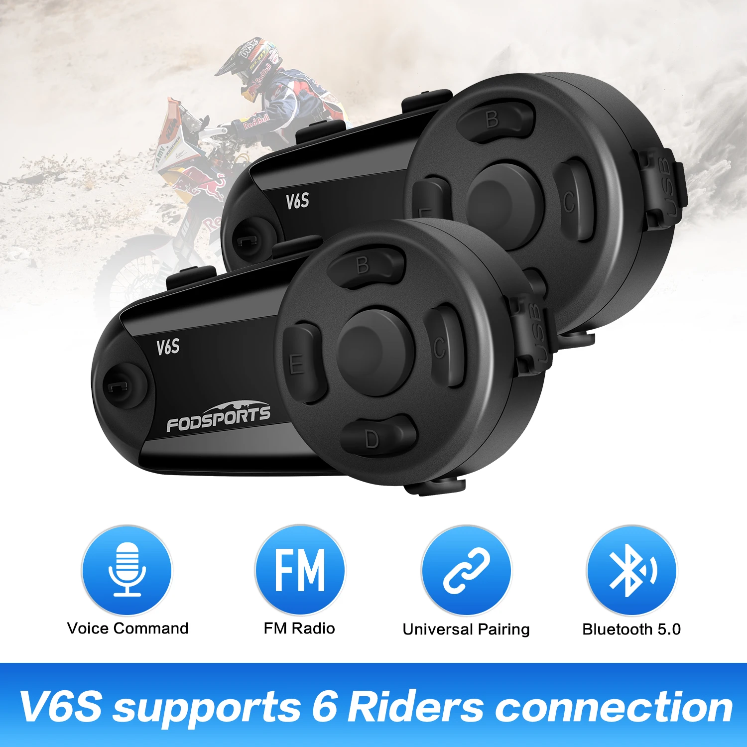 

Fodsports V6S Motorcycle Helmet Intercom Headset 6 Riders 1000m Waterproof BT Interphone Motorcycle Bluetooth Headset Intercoms