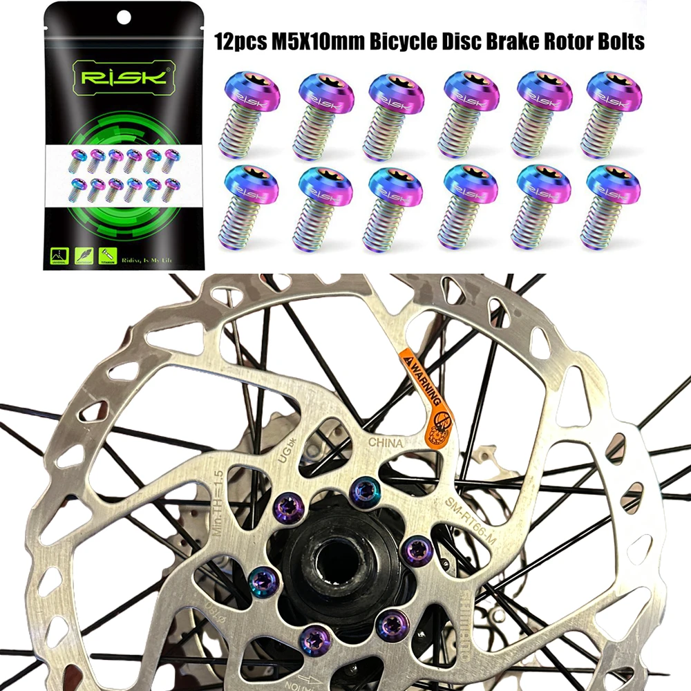 

RISK 12pcs Titanium Alloy Bicycle Disc Brake Rotor Bolts T25 MTB Mountain Bike M5x10MM Plum Blossom Fixing Screws Cycling Bolt