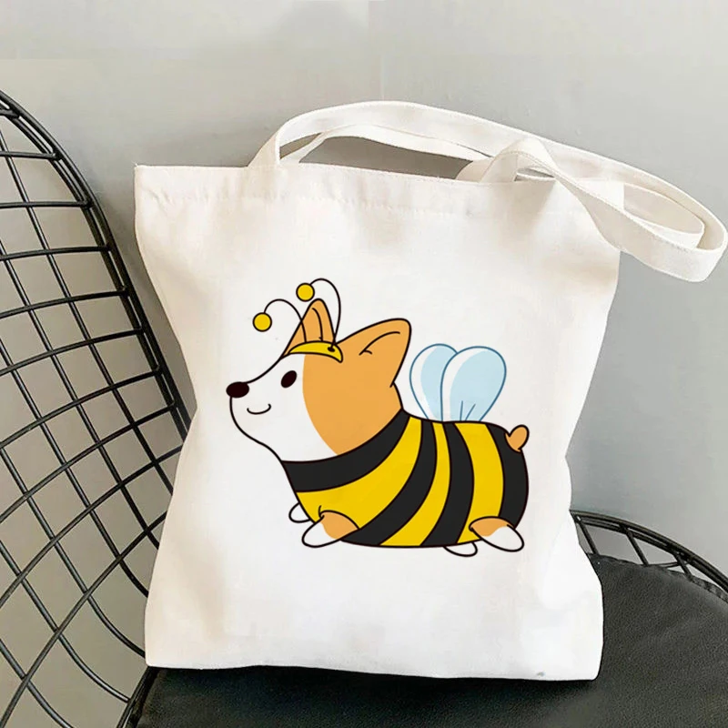 Corgi Boba Milk Tee Print Canvas Tote Bag Women Single Shoulder Bag Student Summer Reusable Shopping Bags