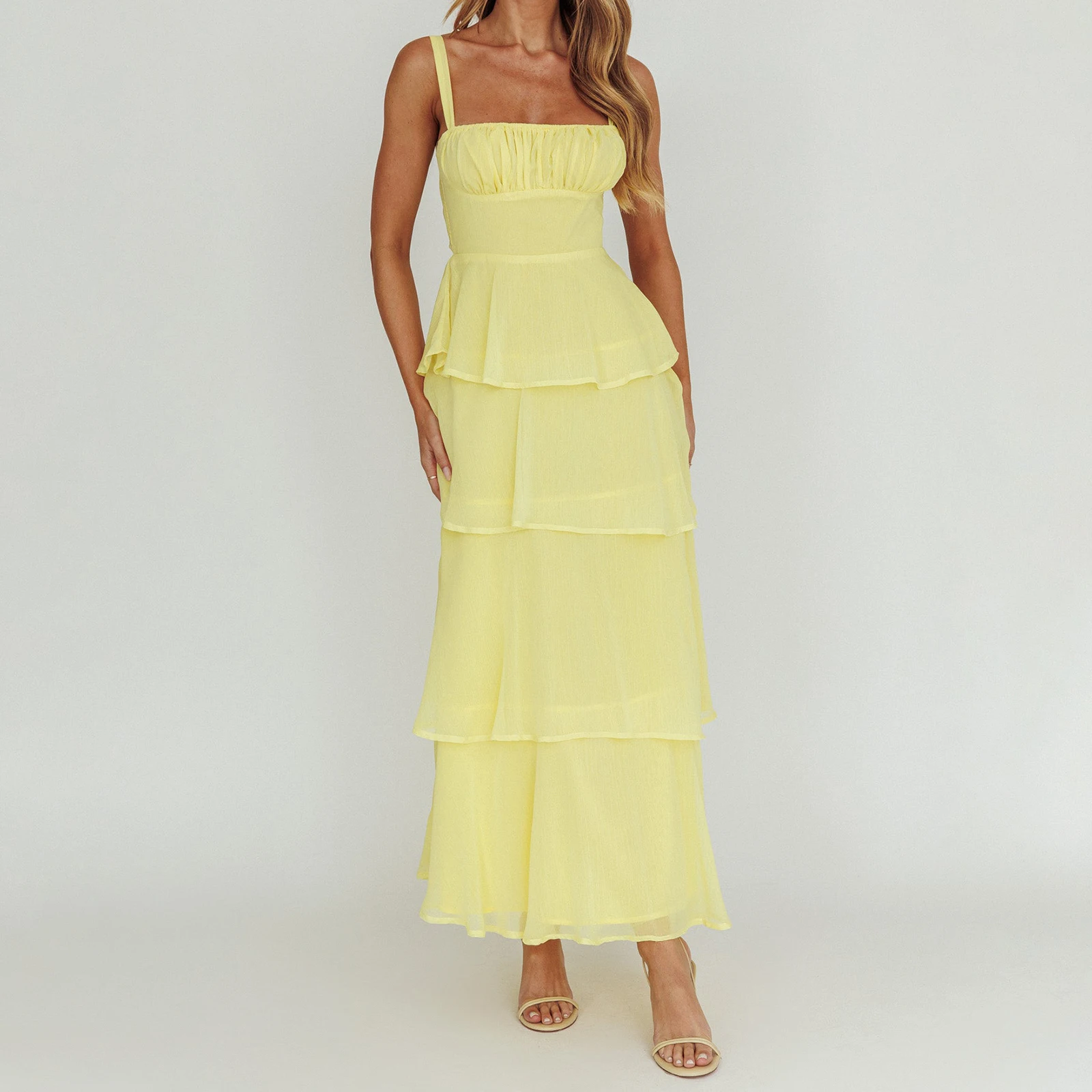 Abito estivo da donna elegante a strati lungo Cami tinta unita senza maniche con cinturino per spaghetti busto smock abito da torta sottile