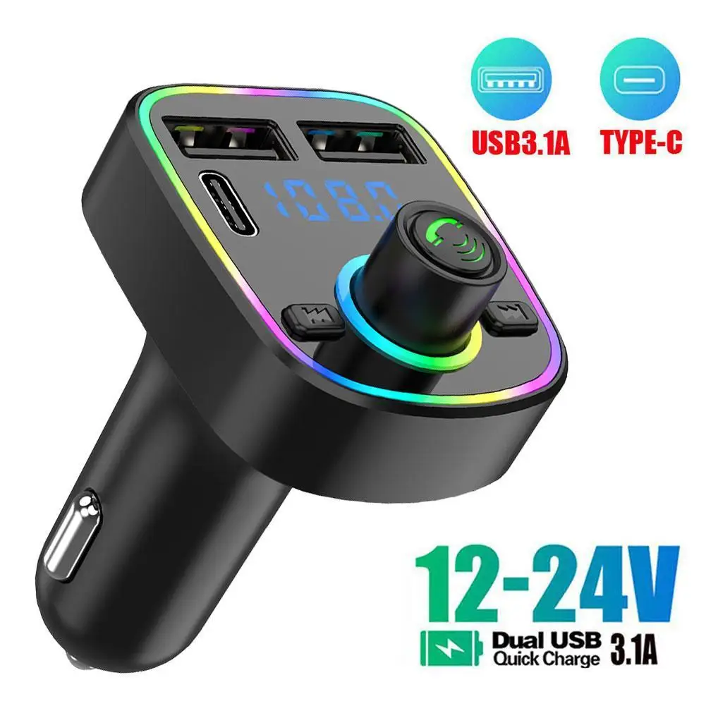 Car Bluetooth 5.0 FM Transmitter PD Type-C Dual USB 3.1A Fast Charger Colorful Ambient Light Handsfree MP3 Modulator Player