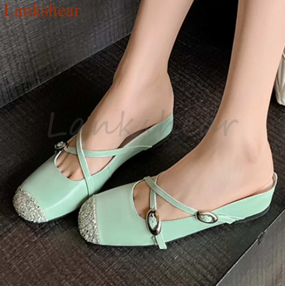 

Square Toe Rhinestone Women Slippers Flat Sole Fashion Solid Belt Buckle Cross Tied Sexy Casual Outwear Slingback Women Shoes