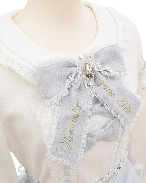 Japanese Liz Mine Mass-Produced Lace Splicing Knitwear Embroidered Bow Color Matching Ribbon Long Sleeve Blouse Lolita Shirts