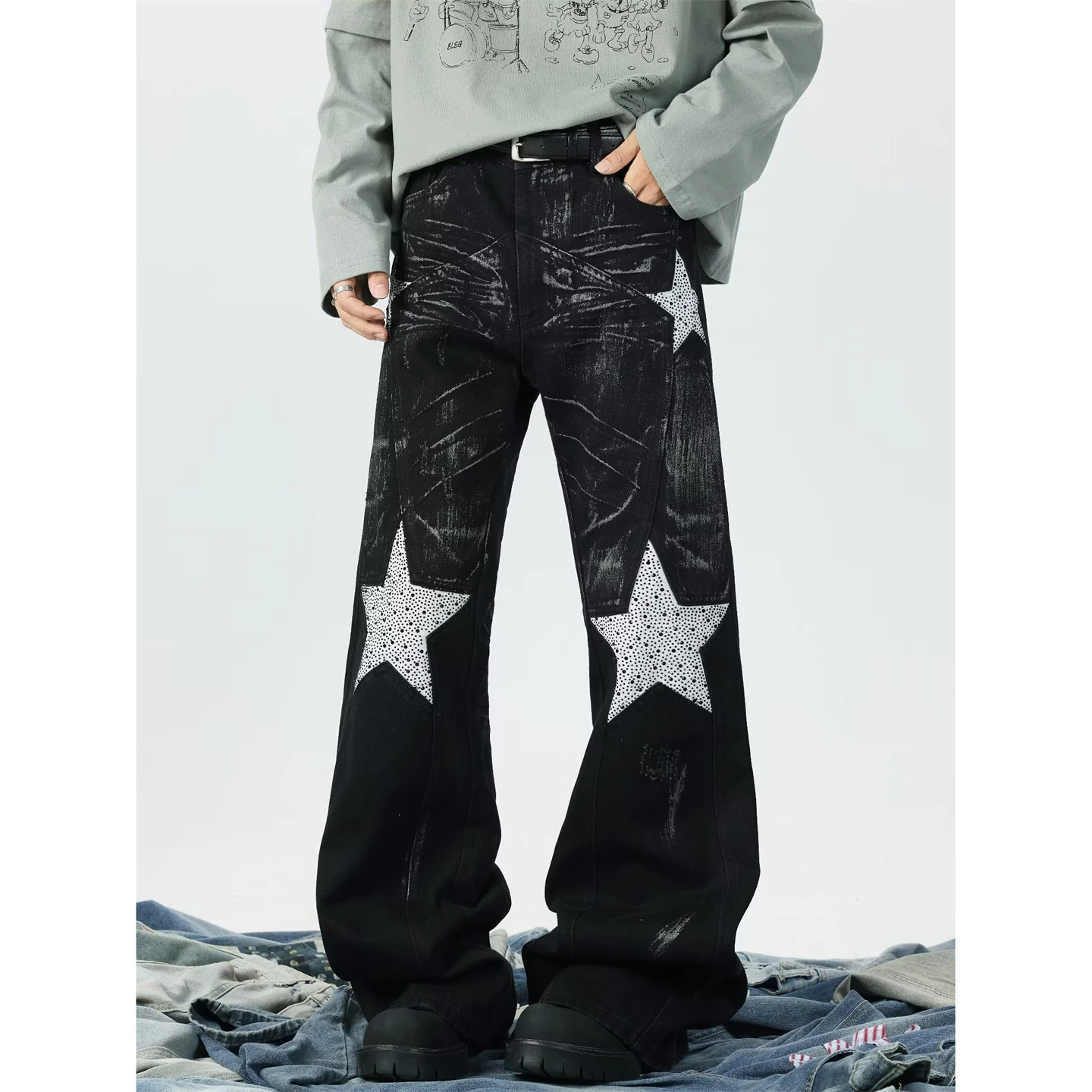 

American High Street Patchwork 3D Tailoring Deconstructed Five-pointed Star Rhinestone Jeans Men's Hiphop Versatile Haome ...