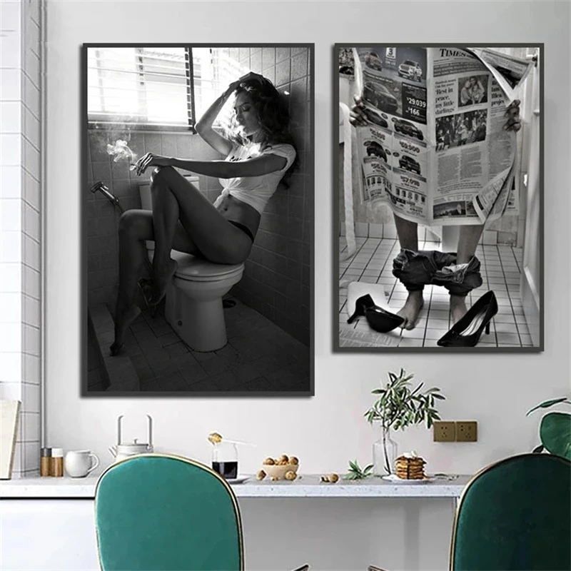 Toilet Sexy Woman Posters Prints Read Newspaper Vintage Bar Black White Wall Art Canvas Painting Modern Girl In Restroom Decor