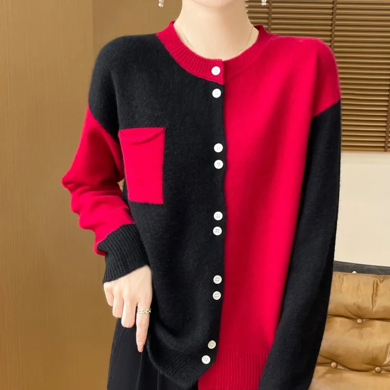 Autumn Winter New 100% Merino Wool Sweater Women\'s Clothing Round neck Knitted Cardigan Fashion Korean Color Blocked Jacket Tops