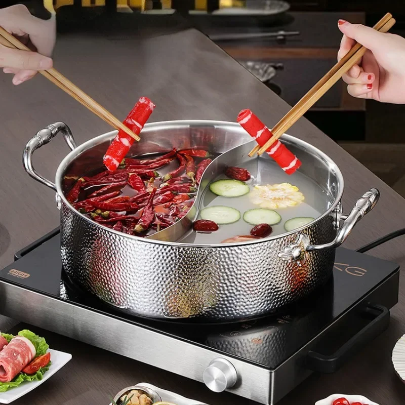 Stainless Steel Food Grade Hammer Grain Hot Pots for Cooking,Induction Cooker Gas General Clear Soup Mandarin Duck Chafing Dish