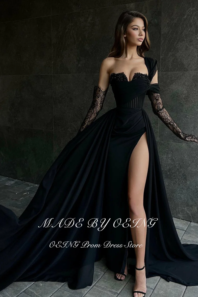 OEING Black Prom Dresses Sexy Strapless High Slit One-Shoulder Lace Evening Dress Special Occasion Gown Vestidos De Noche