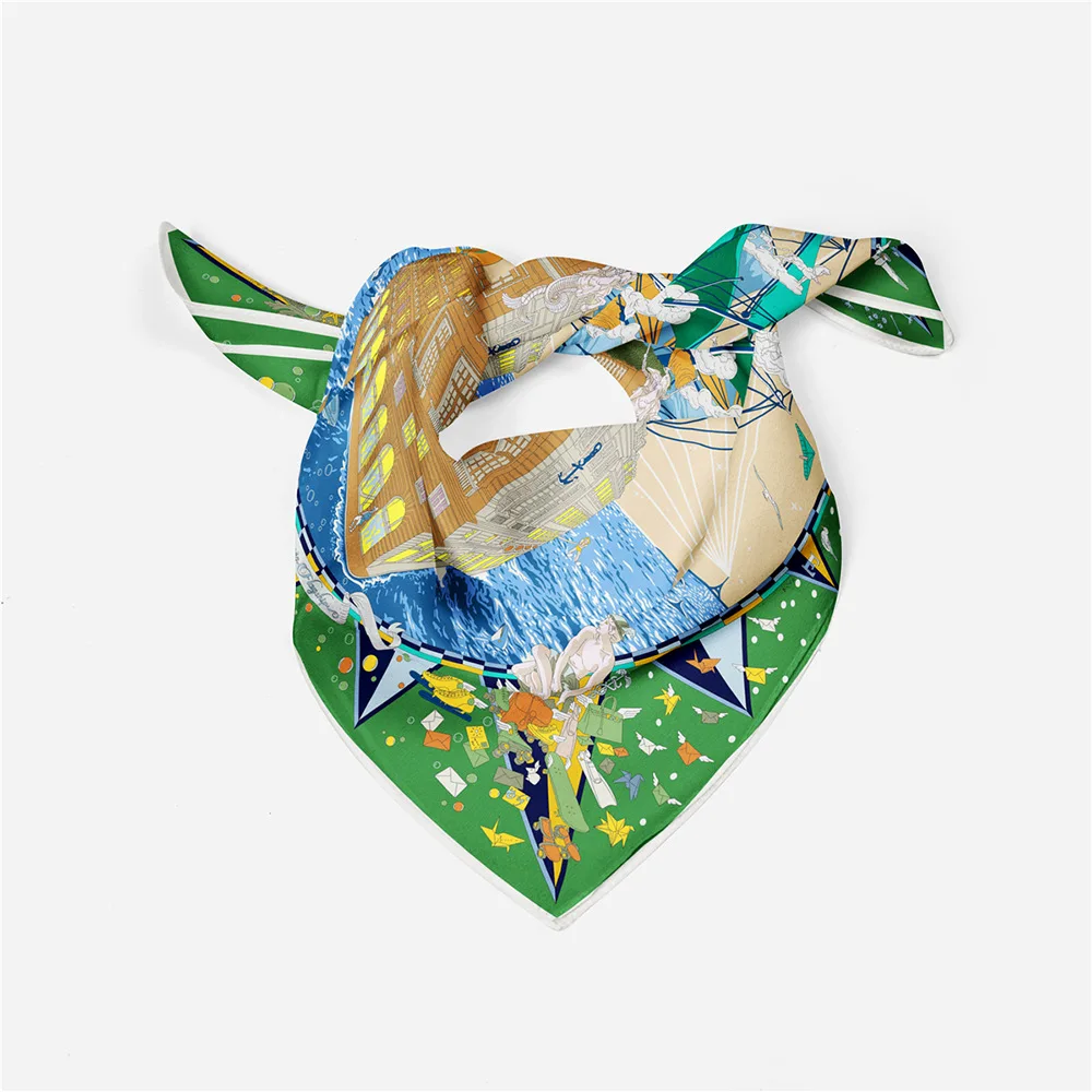 French 53cm New Dream Sailboat Women Twill Silk Scarf Versatile Decorative Square Necktie Small Scarf