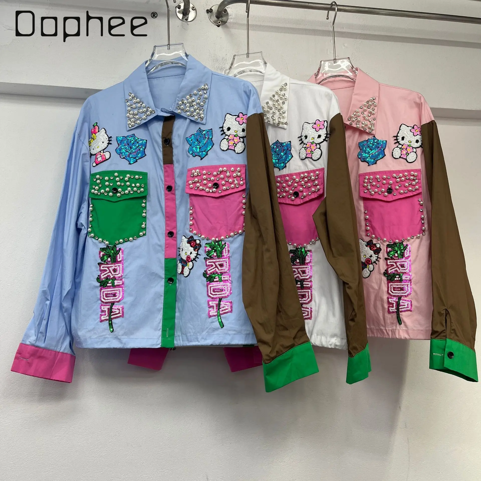 

Cartoon Beaded Rhinestone Cute Shirt Loose Lapel Single-breasted Shirt 2025 Spring and Summer New Long-sleeved Shirt Women