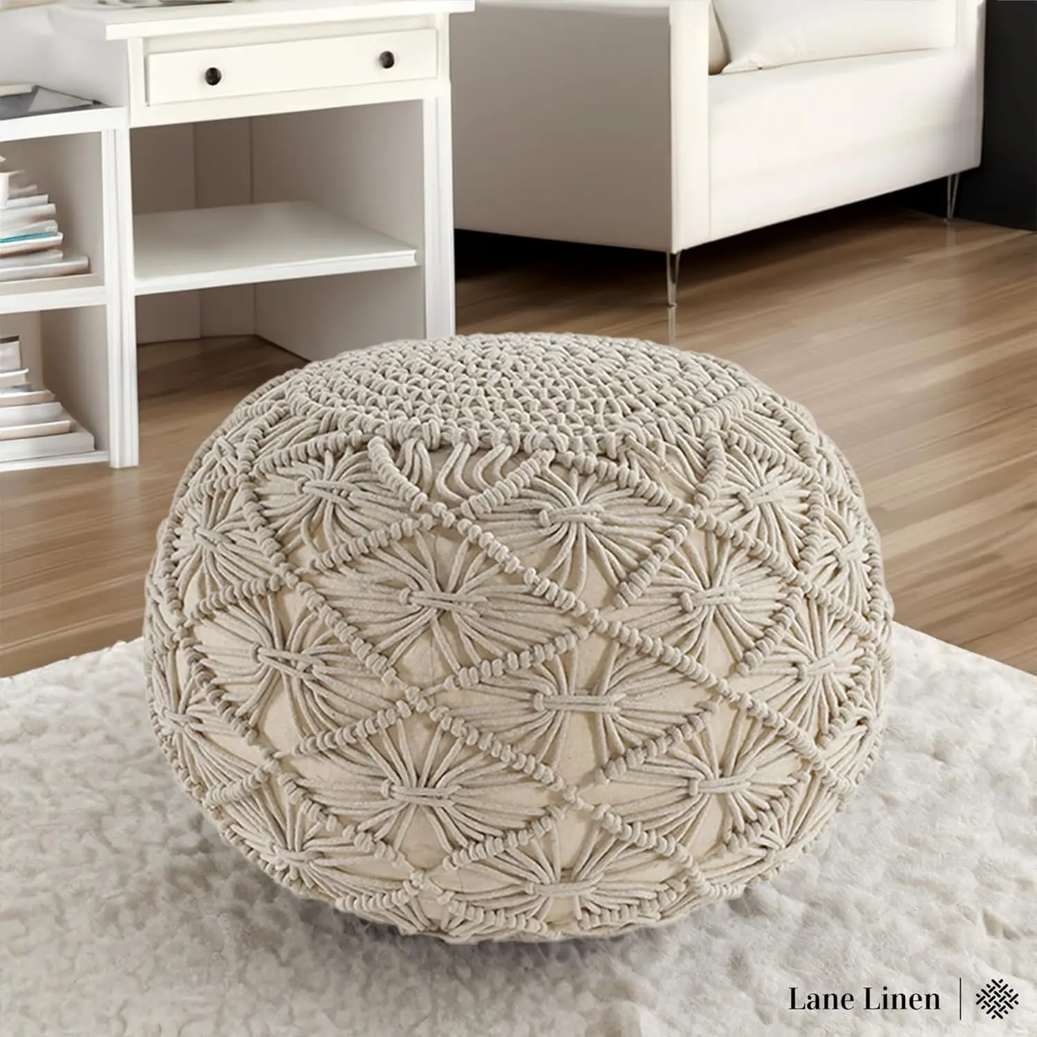 Macrame Ottoman Pouf - Hand Knitted Large Foot Rest for Couch, 100% Cotton Cord, Living Room Floor Ottoman