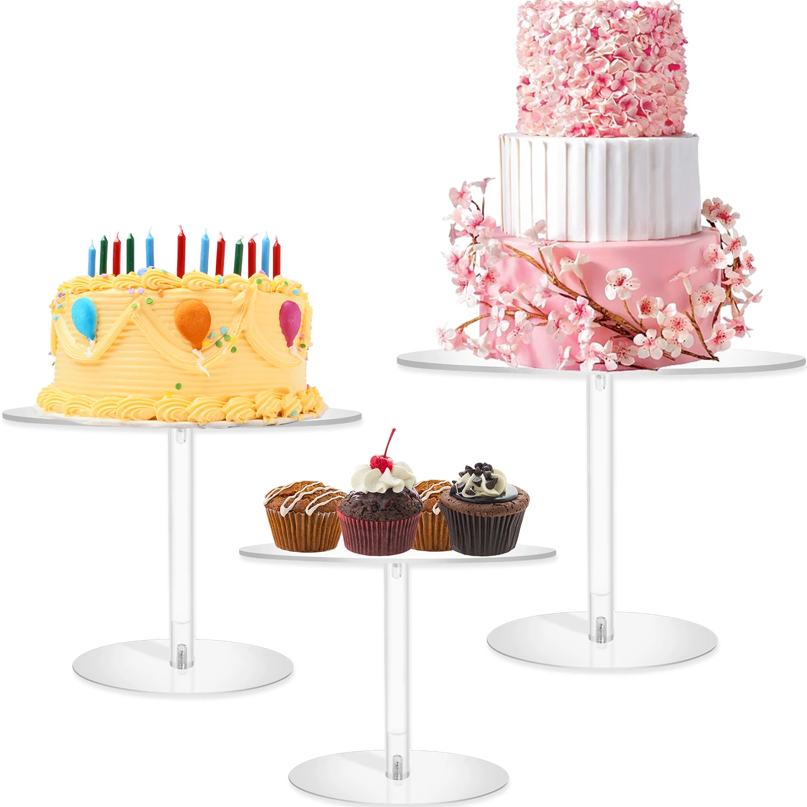 

3Pcs Acrylic Cake Stand Set Round Cupcake Stands Clear Cupcake Pastry Candy Display Riser Reusable Wedding Cake Stand for