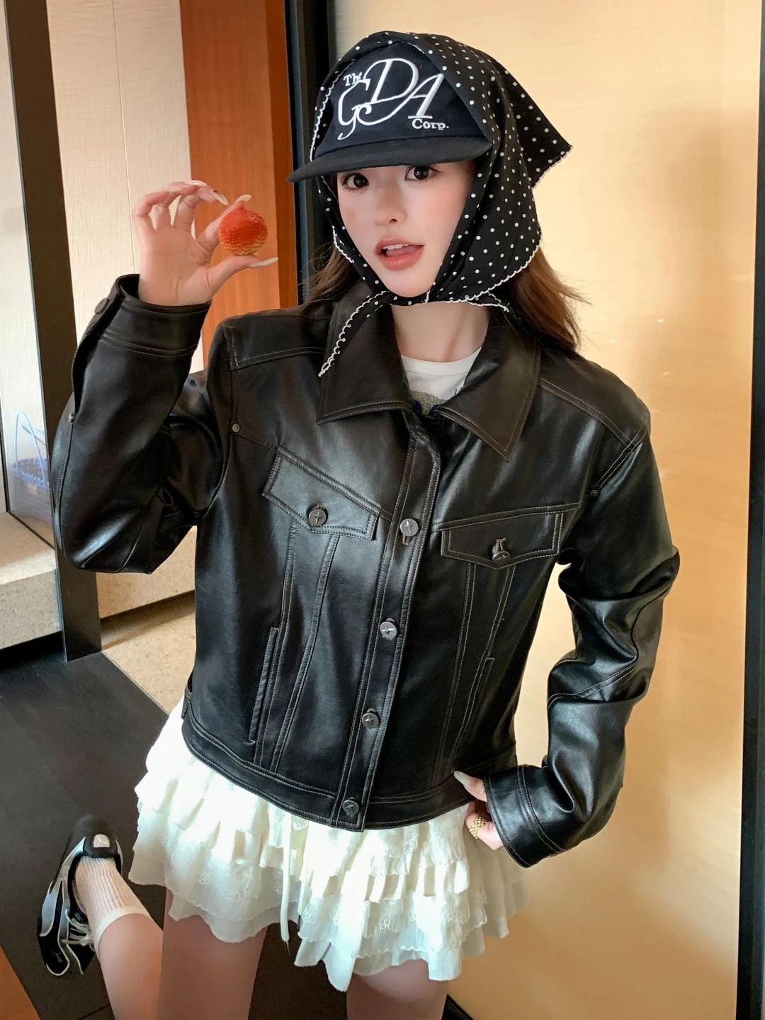 

Cool Short PU Leather Jacket Women's Single Button Black Biker Coat Retro American Style Spring Autumn New Fashion Youth Clothes