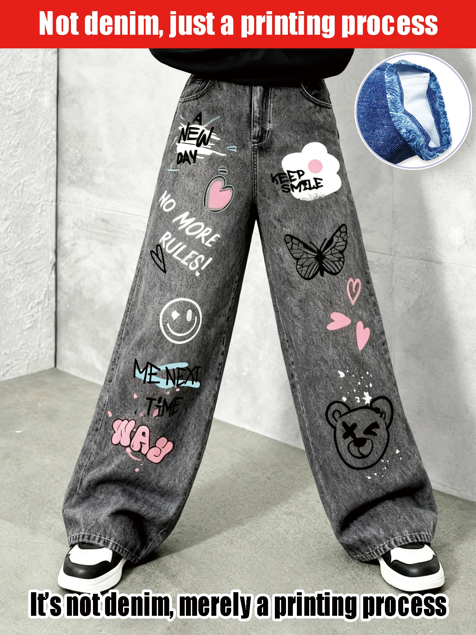 2025 girl y2k cartoon graffiti butterfly and bear pattern - printed wide-leg imitation jeans - fashionable loose imitation jeans