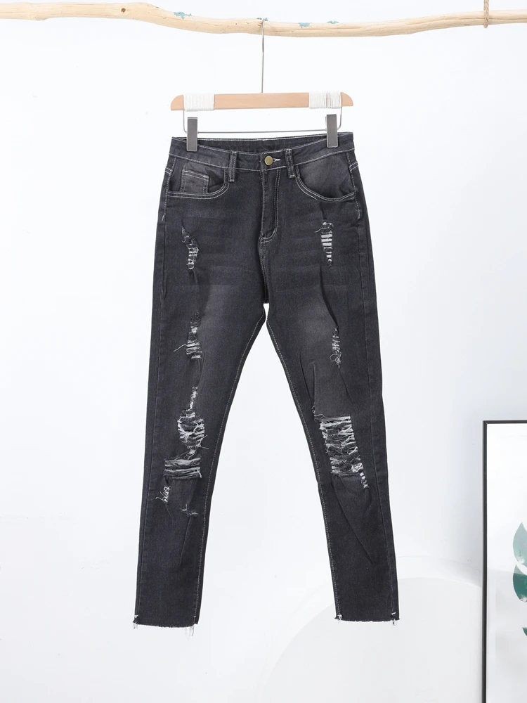 عادية الدينيم ضيق ممزق الجينز بانت المرأة خمر عالية الخصر مطاطا السراويل الطويلة سيدة الخريف موضة الشارع بنطلون التخليص