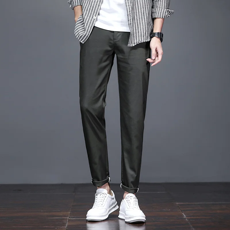 

Spring Summer New Ice Silk Thin Suit Pants Men's Solid Button Zipper Pockets Fashion Versatile Casual Korean Straight Trousers