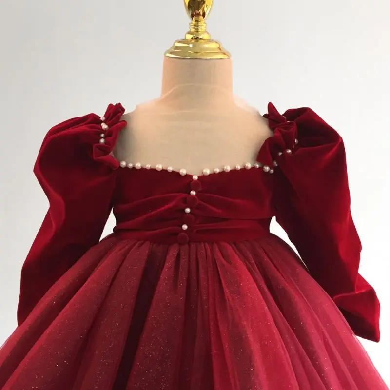 Newborn Baby Girl Princess Xmas Red Pearl TuTu Dress Puff Long Sleeve Child Tulle Vintage Winter Evening Gown Baby Clothes 1-12Y