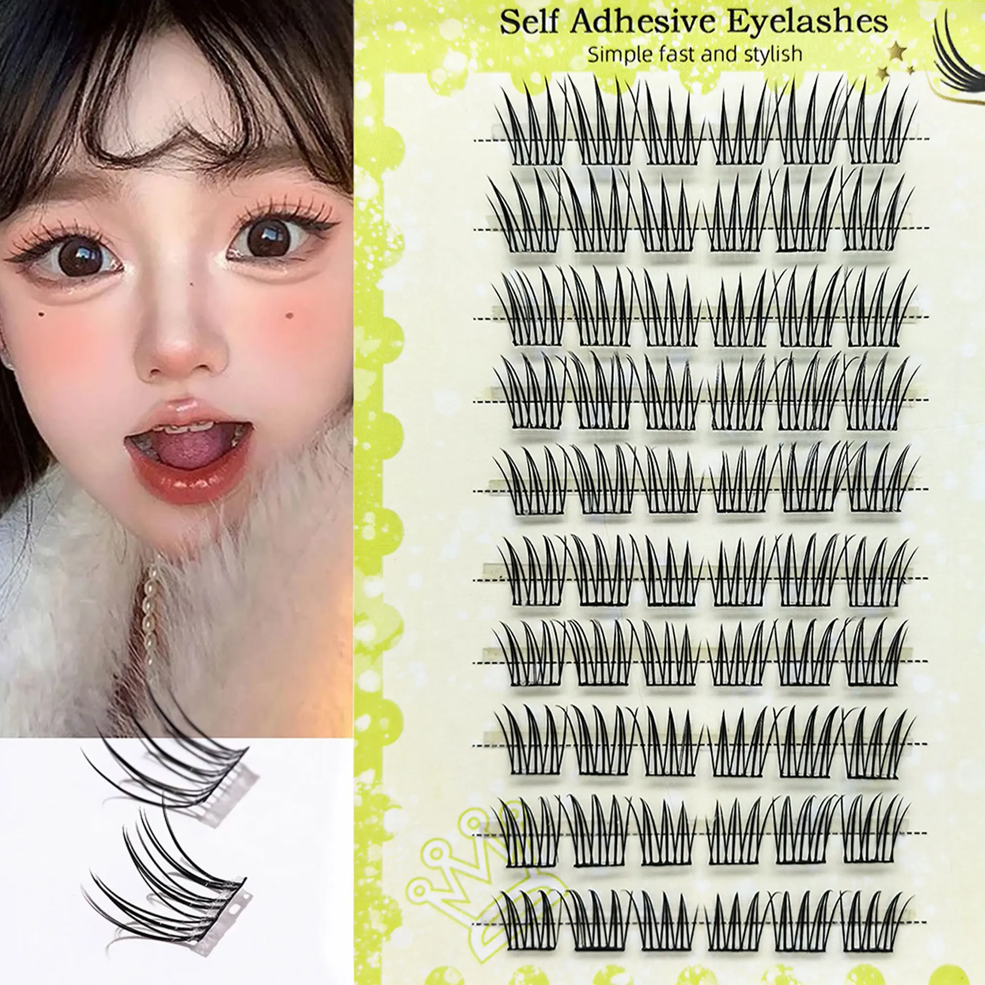 10列の接着剤不要つけまつげ、ナチュラル、フレッシュ、カール、漫画風の目、甘い日常使いのセグメントつけまつげ。