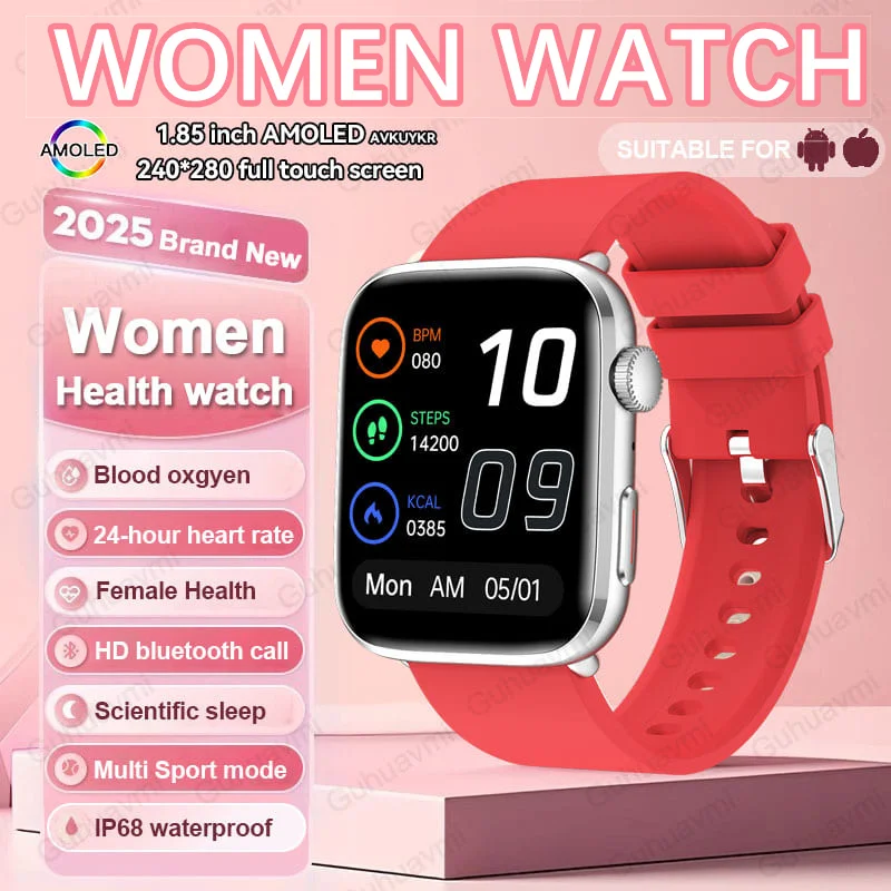 GUHUAVMI 2025 neue NFC-Smartwatches für Damen, 1,85 Zoll AMOLED-HD-Bildschirm, IP68, wasserdicht, Herzfrequenz-Tracker, BT-Anruf-Smartwatch 10