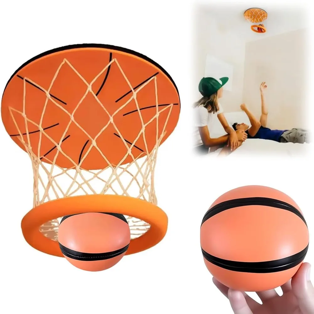 オレンジ色の吊り下げ式屋内バスケットボールフープ ストレス解消ゲーム ネットとボール付き 天井バスケットボールフープ 屋内 組み立て不要