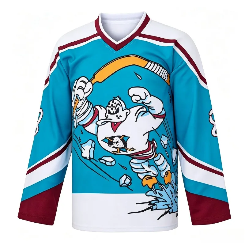 Retro Cartoon Duck 3D Print Ice‑Hockey Jersey Unisex Selanne 8 Inspired Burgundy V‑Neck Long Sleeve Fan Sports Collectible Top