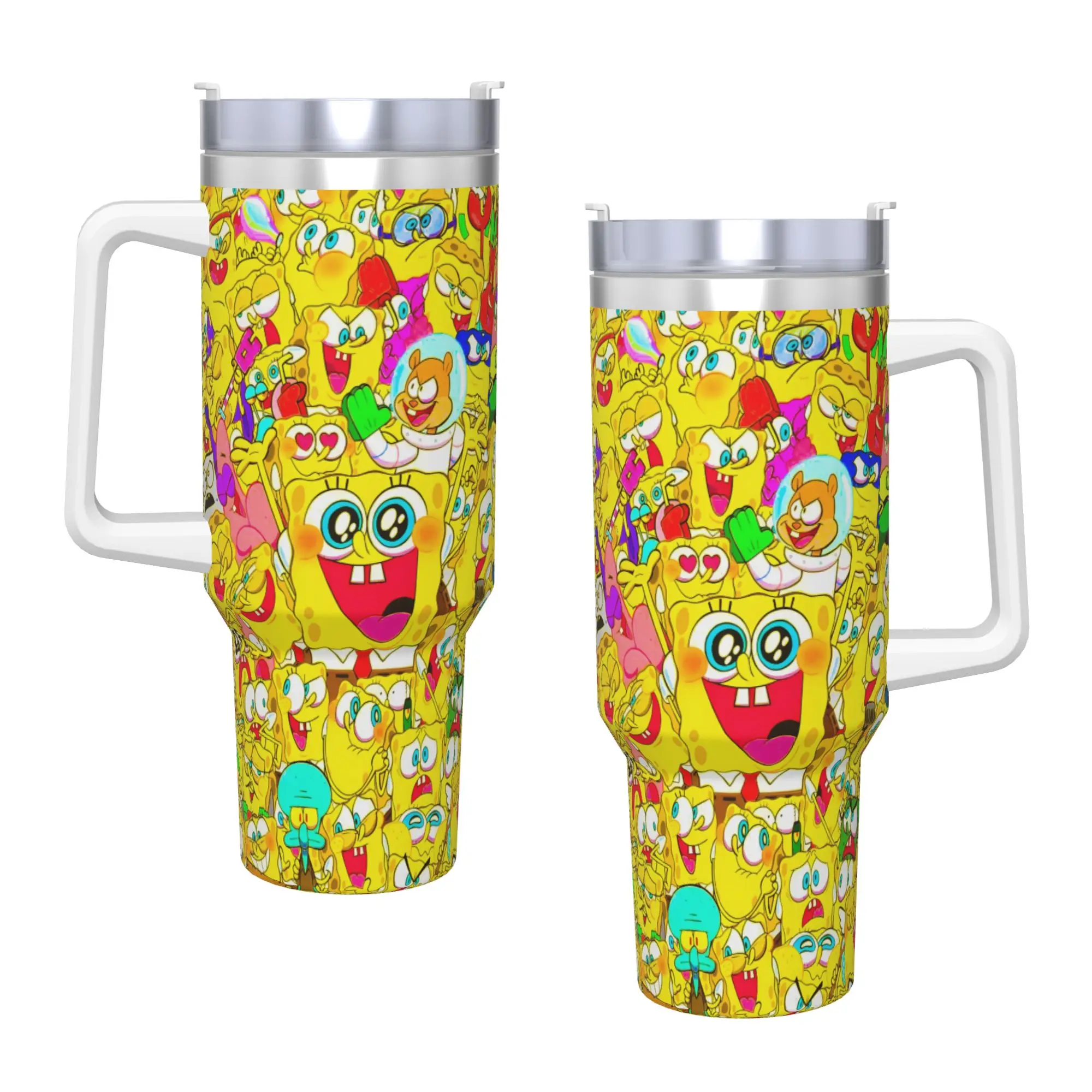 SpongeBobs Colorful All Character Confetti Stainless Steel Tumbler Thermal Mug With Straws and Lid Large Capacity Car Mugs