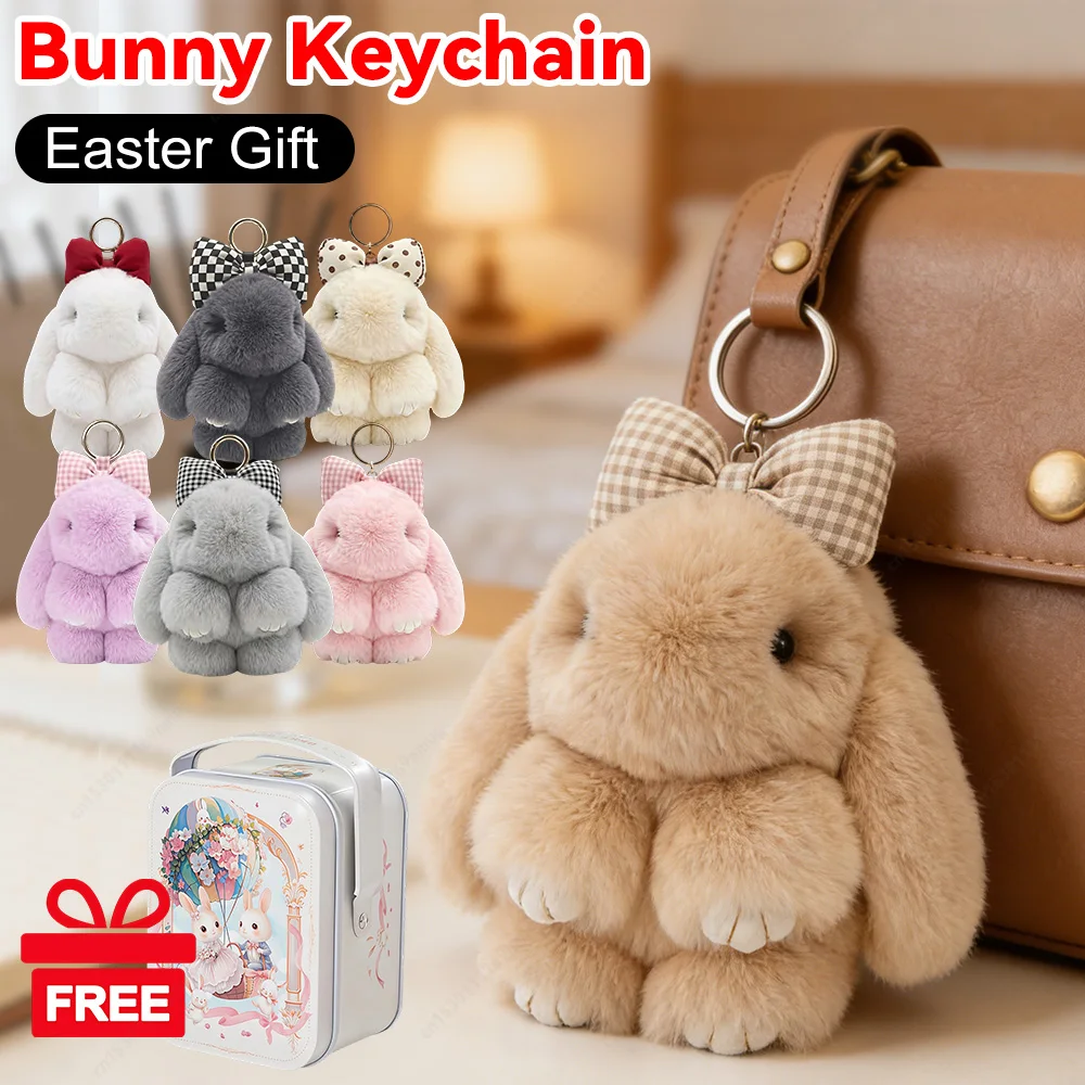 

Bunny Keychain with Tin Box Charming Rabbit Design Car Handbag Keyring Soft Plush Rabbit Keychain for Easter Gifts Bags and Keys