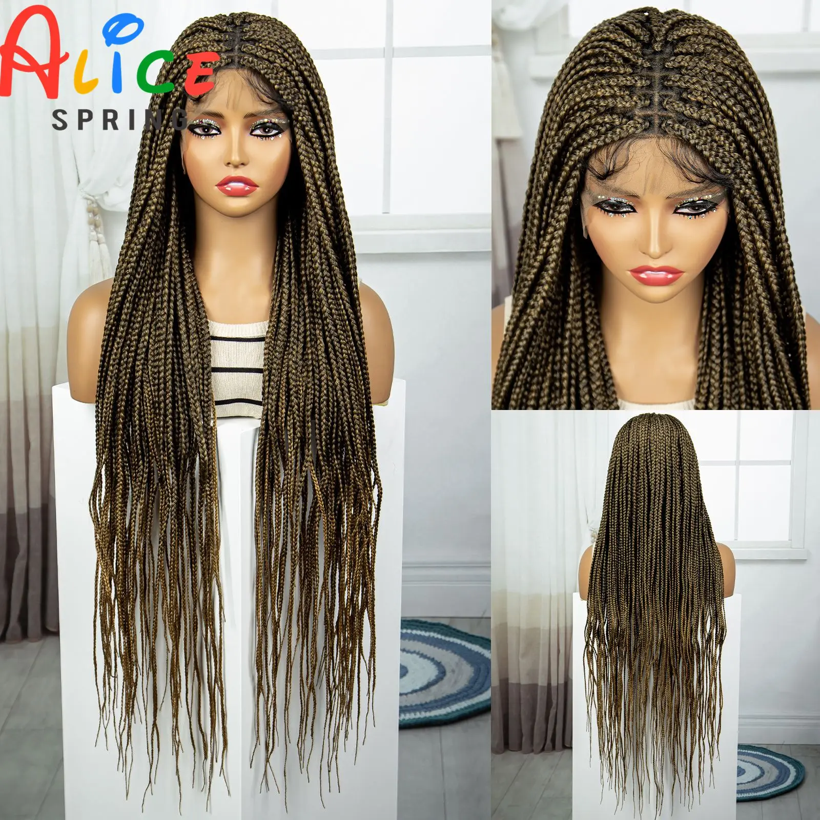 

34inch Knotless Box Braided Wigs Synthetic Full Lace Front Braiding Hair Wig with Baby Hair for Black Women Colored Braids Wigs