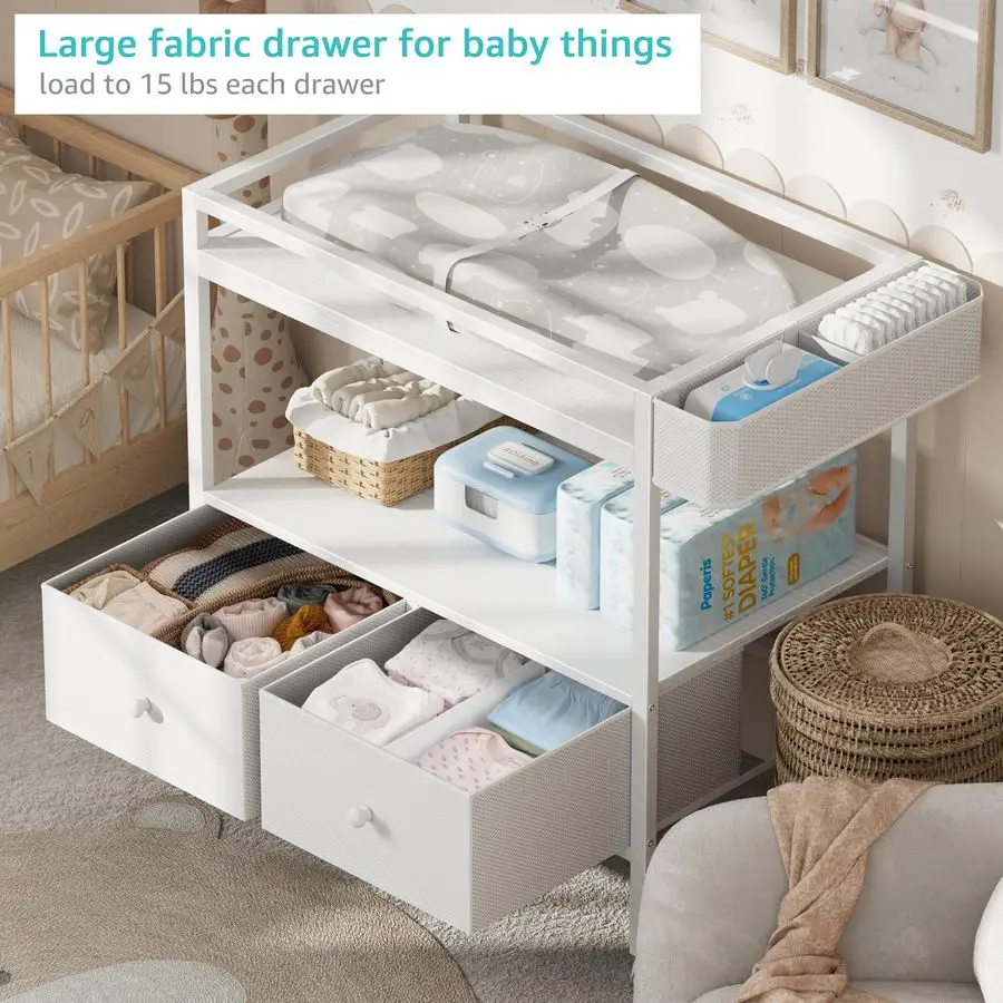 طاولة تغيير حفاضات الأطفال مع مساحة تخزين، خزانة أطفال بيضاء مع سطح طاولة تغيير، محطة تغيير الحفاضات مع درجين من القماش لـ #3