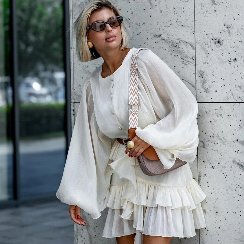 Ticketsx elegante em camadas mini vestido feminino moda manga longa ver através de babados roupa único breasted vestido de festa de verão