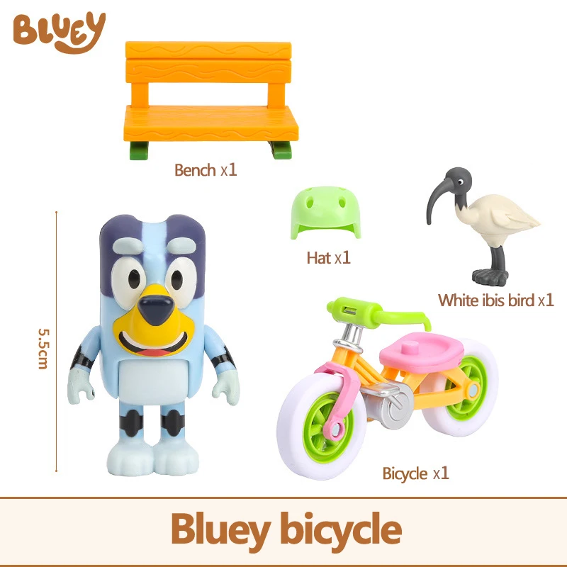 Bluey figuras anime brinquedos conjunto modelo de viagem carro bicicleta sorvete caminhão cena ornamentos decorações desktop crianças presentes aniversário