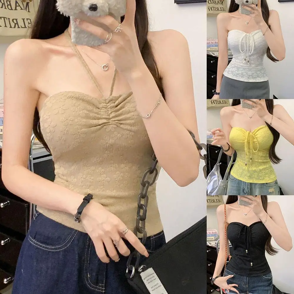 

Y2k Streetwear Halter Camis Basic Tank Top Lace Up Camisole Sexy Backless Summer Beach Woman Clothes Floral Tube Top Women