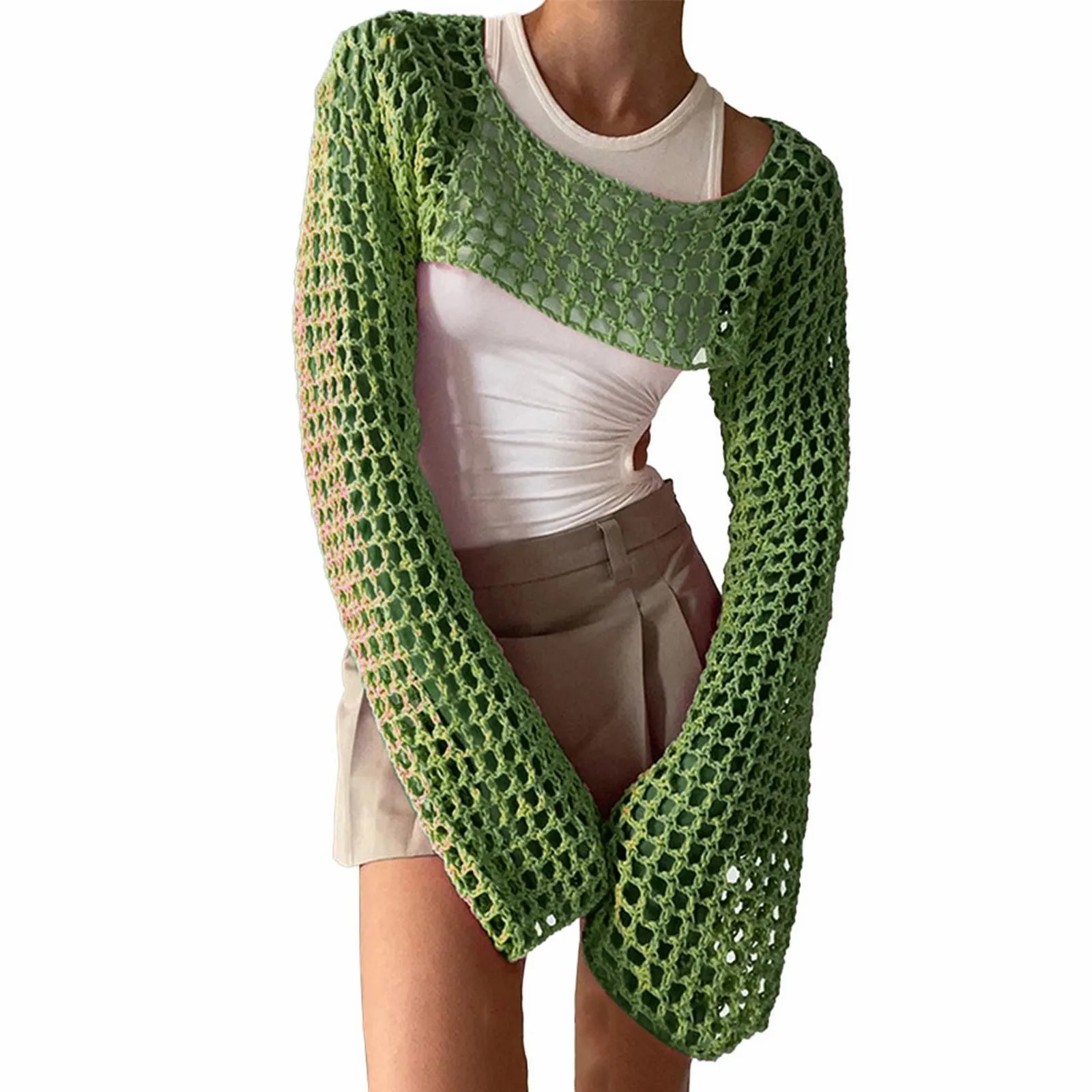 Long Sleeve Crochet Top 2024 Summer New Womens Knitted Crop Top Knitted Mesh Top Green Openwork Beach Smock Y2k Streetwear