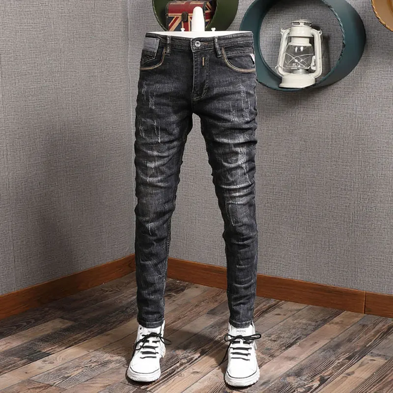 

Newly Designer Fashion Men Jeans Retro Black Gray Stretch Slim Fit Ripped Jeans Men Italian Style Vintage Denim Pants Hombre