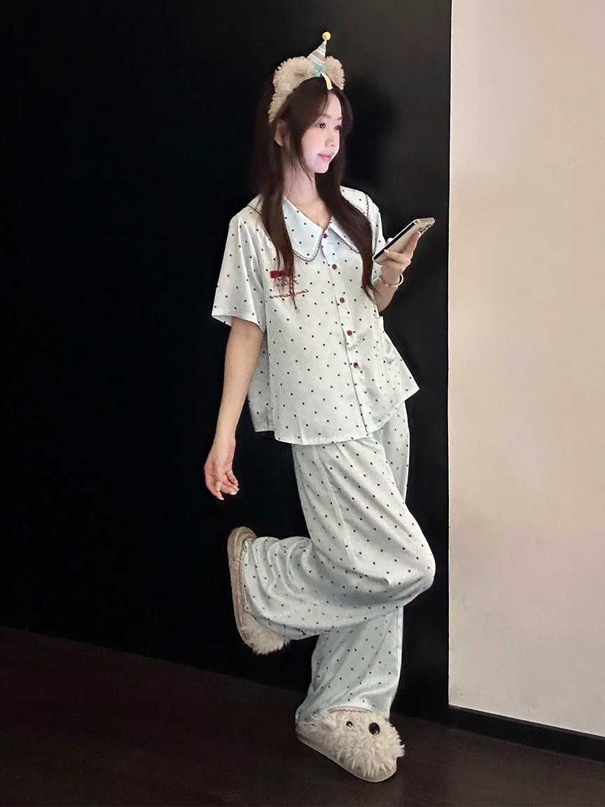 韓国風ライトブルー水玉模様プリントドールカラーアイスシルク寝間着女性用夏半袖長ズボンホームウェアセット外出可能