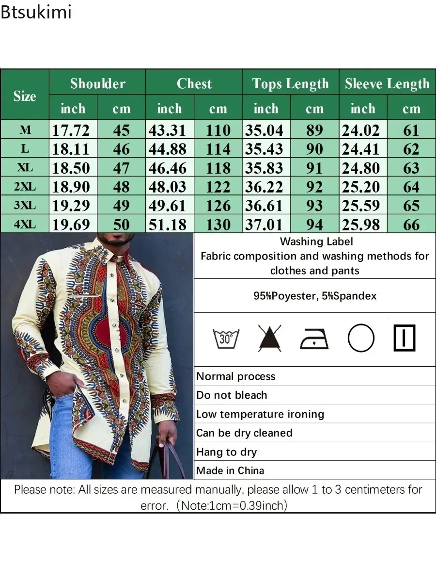 2025 New in African Clothing Men's Mid-length Shirts Ethnic Style Printing Color Matching Fashion Casual Long Sleeve Top Blouses