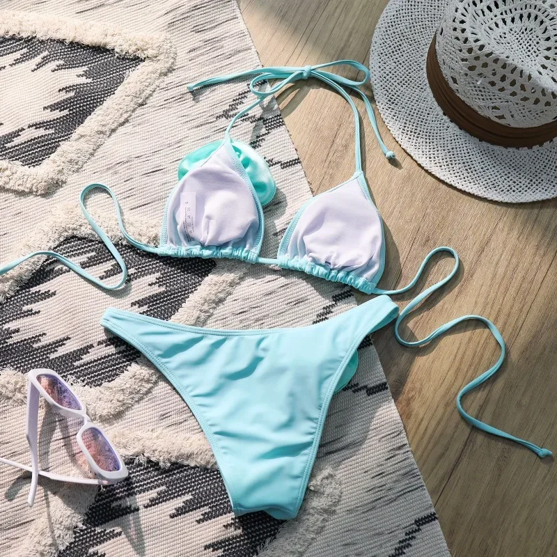 Sexy 3d azul flowertriangle biquinis conjunto micro tanga maiôs feminino corda halter maiô biquíni 2024 mujer biquinis nadar