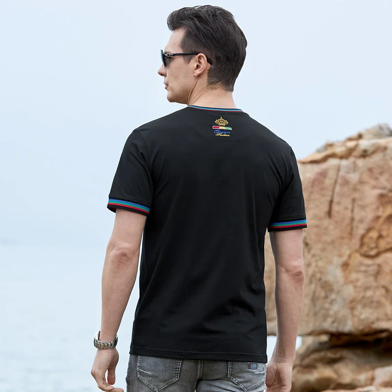 New Summer Straight Men's Black T Shirt Round Neck Bruce&Shark Embroidery Men's Causal Tees Breathable Lapel Tops Big Size 4XL