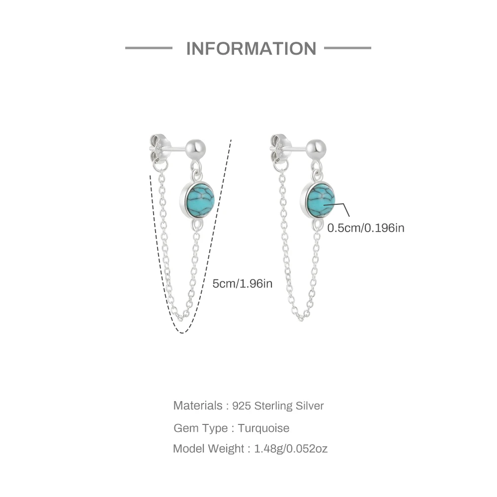 AIDE Textured Turquoise Tassel Chain Drop Earrings Popular S925 Sterling Silver Stud Earrings For Women Bohemia Retro Style