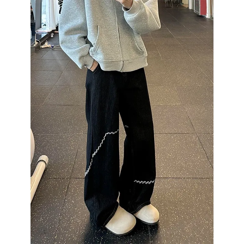 

Bla American High Street Embroidered Jeans Men's Trendy Autumn Winter Straight Leg Bell Bot Durable Casual Wear