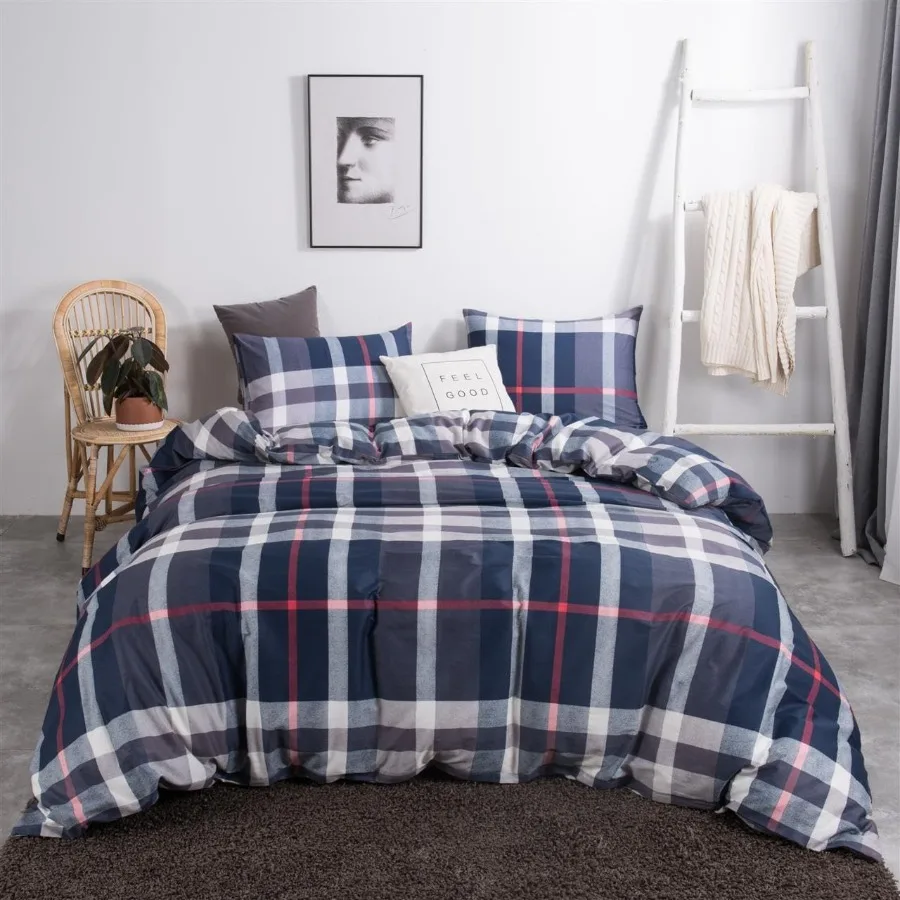 

Navy Blue Plaid Full Size Comforter Sets 3Pcs Tartan Bedding Comforter Sets All Season Blue Red Grey Grid Comforter with 2 x Pi
