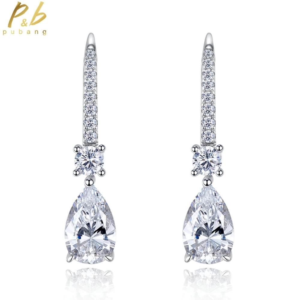 

PuBang Fine Jewelry Solid 925 Sterling Silver Pear Gemstone Created Moissanite Simple Drop Earrings for Women Gift Drop Shipping