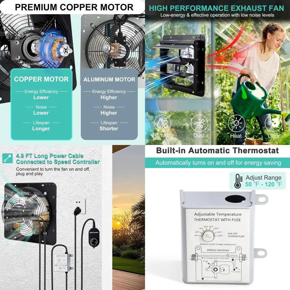 

7 Wall-Mounted Shutter Exhaust Fan with Thermostat, Speed Control for Attic, Greenhouse, Shed, Garage, Chicken Coop, Shop, Barn