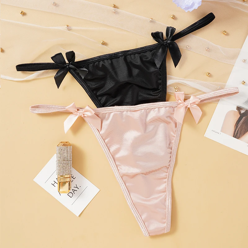 Hot Ice Silk Sexy Panties Metal Chain Briefs Thongs Women's Underwear Seamless Bow G-string Solid Color Female Lingere