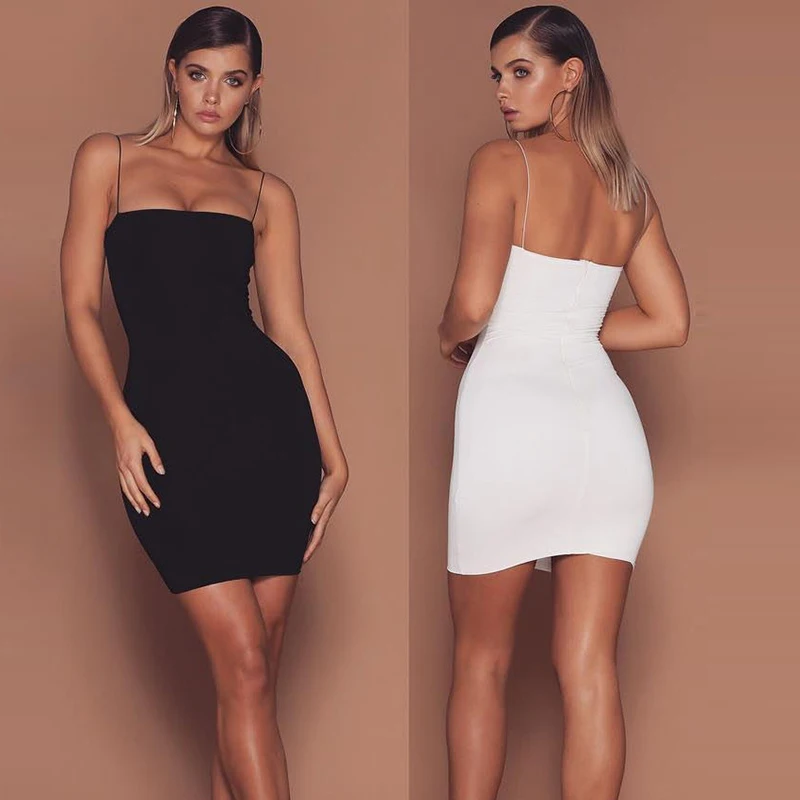 Vestido Sexy para mujer con tirantes, minivestido elástico ajustado sin mangas con cuello Halter, vestido de verano 2020 para mujer, Vestidos blancos y negros con tirantes finos
