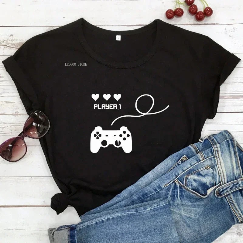 Player 1 And Player 2 Couples Dating T-Shirt Valentine'S Day Gift Cartoon Cute Honeymoon Gamepad Adult Modal Streetwear Shirt