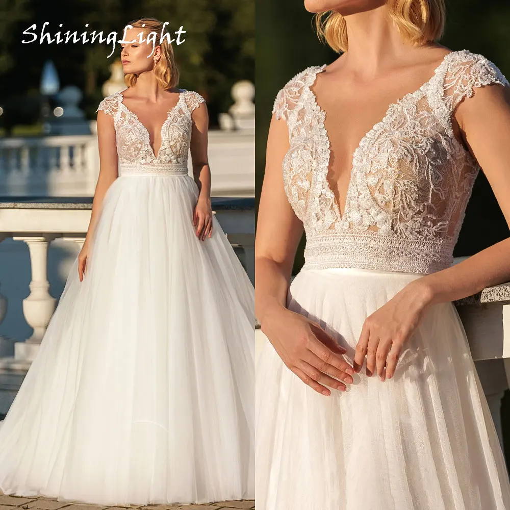 

ShiningLight Boho Lace Wedding Dress for Bride V-neck Tulle Princess Bride Gowns Cap Sleeves vestidos de novia Customized