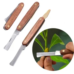 Cuchillo de injerto plegable de acero inoxidable, cuchillo con mango de madera para Injerto de jardín, herramienta de poda de árboles frutales y brotes