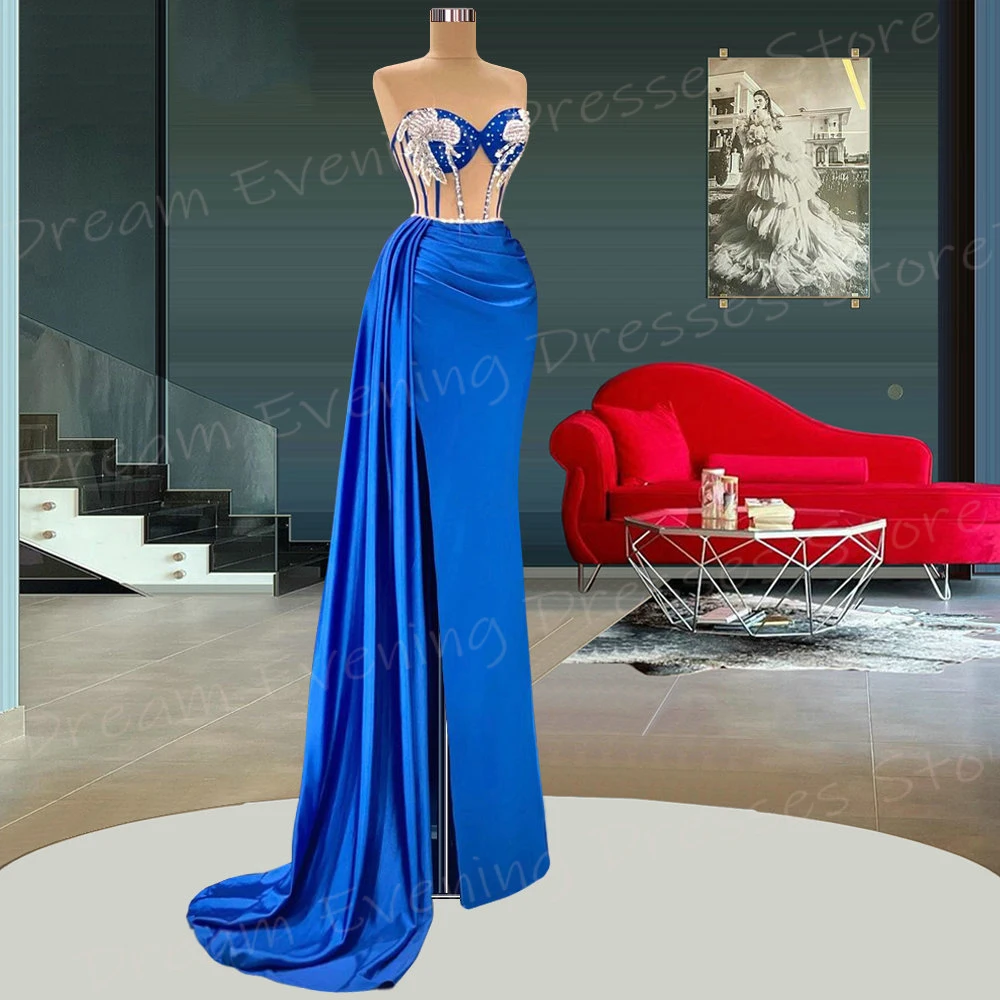 

Elegant Blue Mermaid Classic Women's Evening Dresses Pretty Sweetheart Sleeveless Prom Gowns Side Split Beaded Vestido De Noche