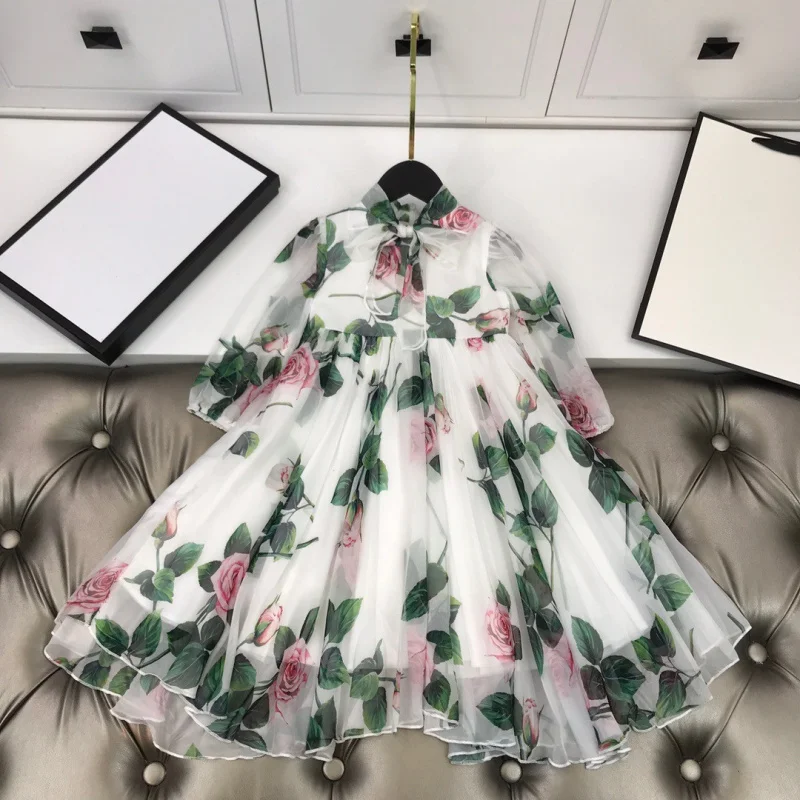 Spring and Summer Girls' Floral Print Long Sleeve Dress Princess Dress Flared Chiffon Dress